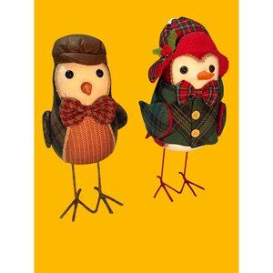 2 Fall Bird Figurines Clad in Autumn Plaids, Bow Ties and Hats